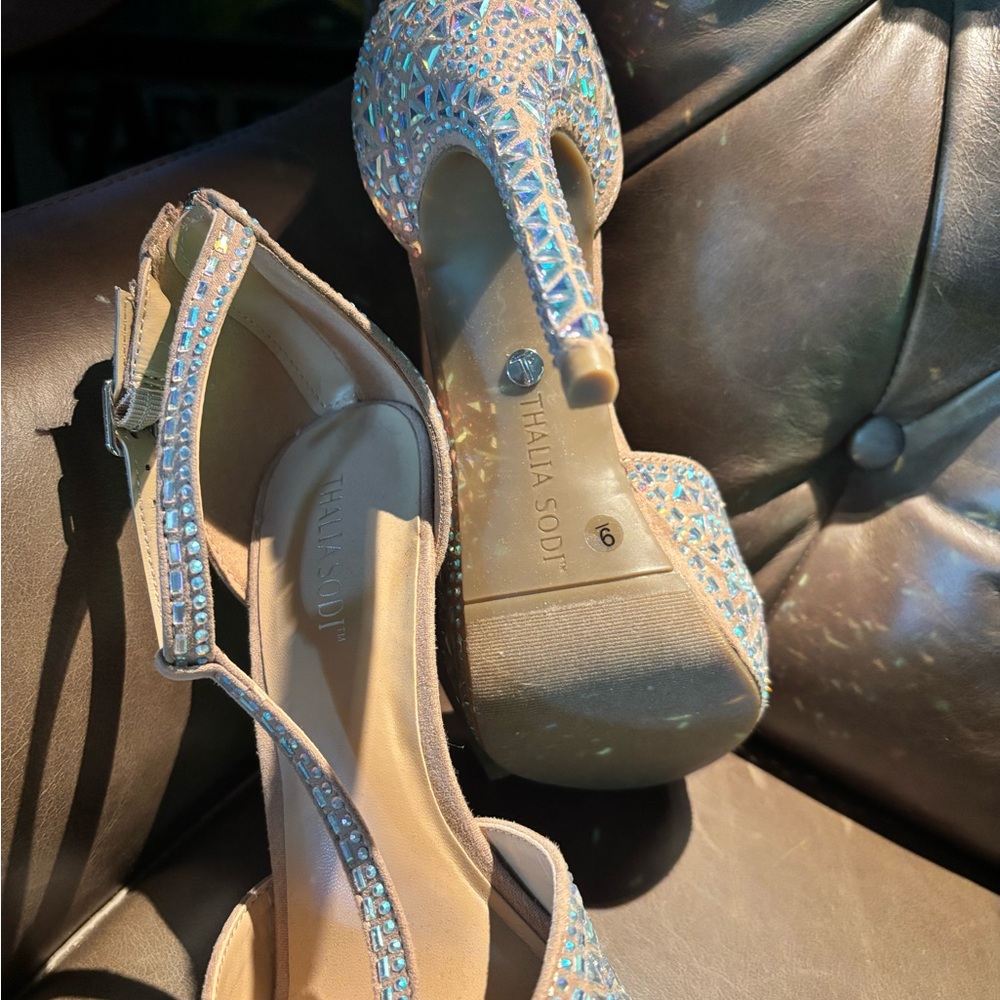 Thalia Sodi Beige Rhinestone T-Strap Peep-Toe Heels - Picture 6 of 8